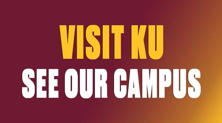 The words Visit KU in a bright yellow color and See Our Campus in white over a gradient of maroon to yellow